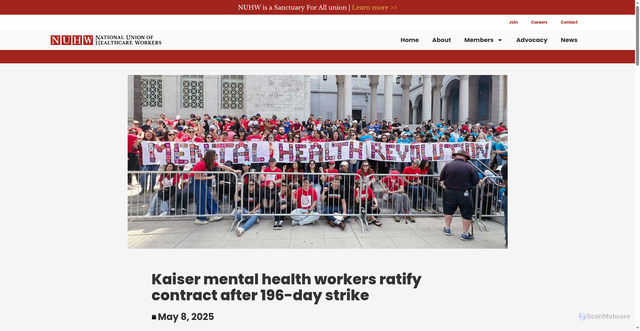Security scan screenshot of https://home.nuhw.org/2025/05/08/kaiser-mental-health-workers-ratify-contract-after-196-day-strike/