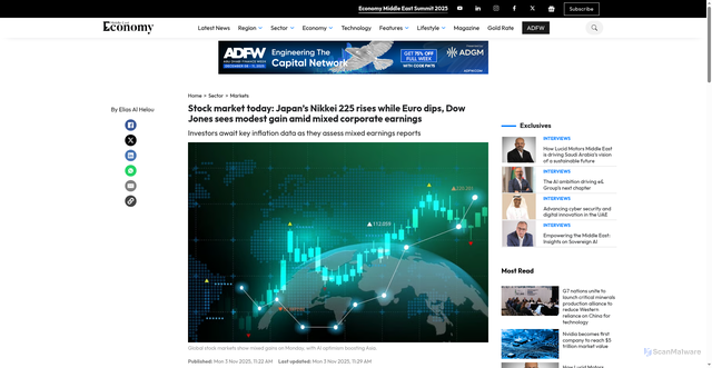 Security scan screenshot of https://economymiddleeast.com/news/stock-market-today-japans-nikkei-225-rises-while-euro-dips-dow-jones-sees-modest-gain-amid-mixed-corporate-earnings/