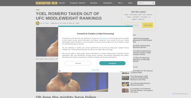 Security scan screenshot of https://generationiron.com/yoel-romero-taken-out-of-ufc-middleweight-rankings/