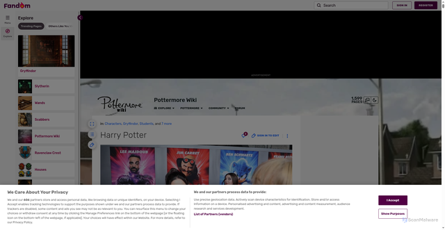 Security scan screenshot of https://pottermore.fandom.com/wiki/Harry_Potter