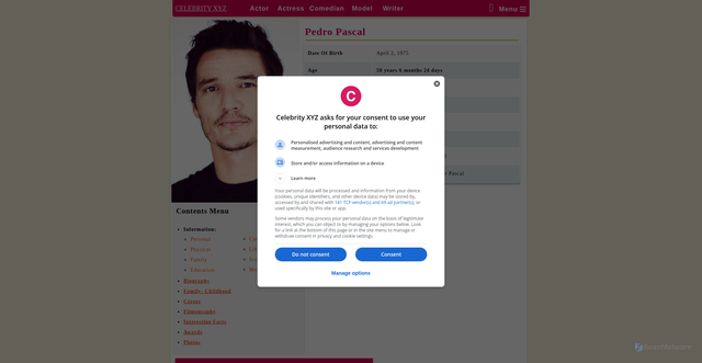 Security scan screenshot of https://celebrityxyz.com/actor/pedro-pascal