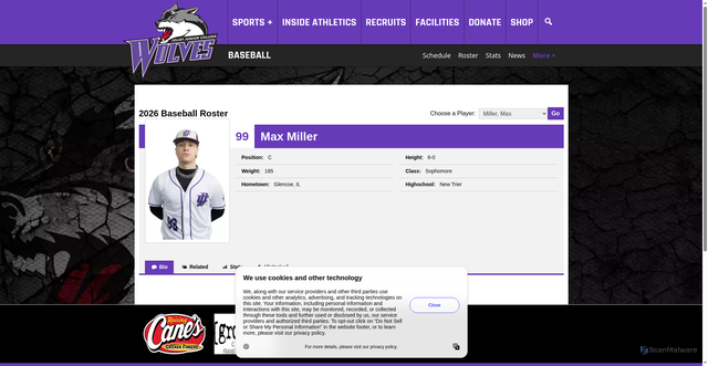 Security scan screenshot of https://jjcwolves.com/sports/baseball/roster/max-miller/2662