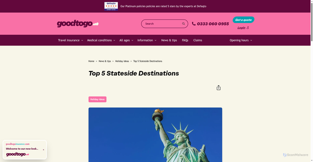 Security scan screenshot of https://www.goodtogoinsurance.com/news-and-tips/holiday-ideas/top-5-stateside-destinations