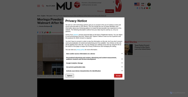 Security scan screenshot of https://mundonow.com/en/moringa-powder-recall-from-walmart/
