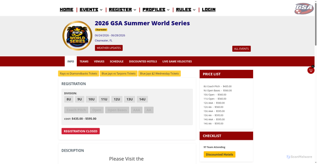 Security scan screenshot of https://play.gsabaseball.org/events/2026-gsa-summer-world-series-clearwater-fl-06-24-2026