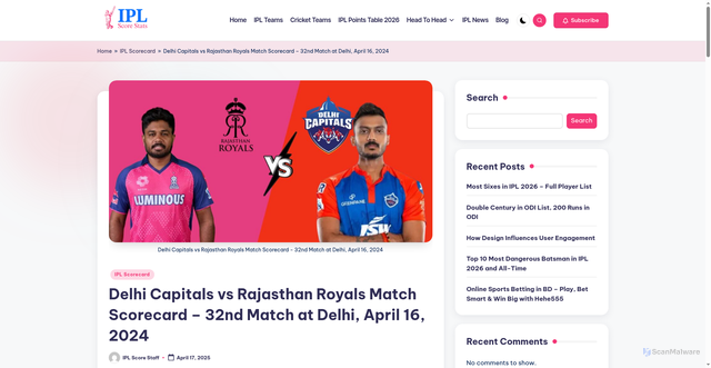 Security scan screenshot of https://iplscorestats.com/delhi-capitals-vs-rajasthan-royals-match-scorecard/