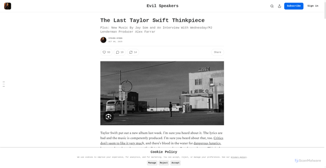Security scan screenshot of https://stevenhyden.substack.com/p/the-last-taylor-swift-thinkpiece
