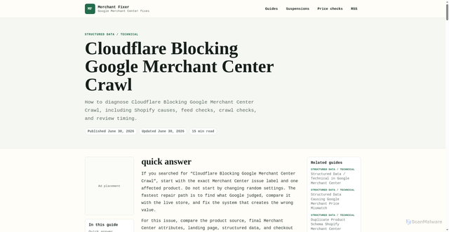 Security scan screenshot of https://merchant-fixer.pages.dev/fix/cloudflare-blocking-google-merchant-center-crawl/