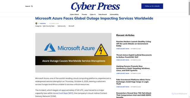 Security scan screenshot of https://cyberpress.org/microsoft-azure-faces-global-outage-impacting-services-worldwide/