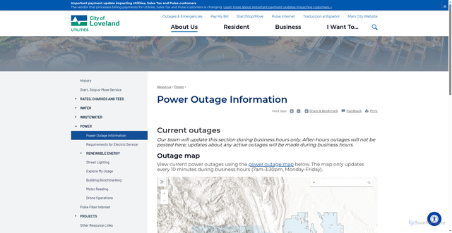 Security scan screenshot of https://www.lovelandwaterandpower.org/about-us/power/power-outage-information
