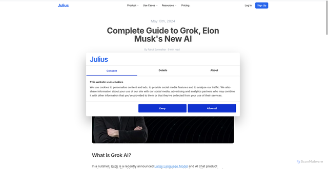 Security scan screenshot of https://julius.ai/articles/complete-guide-to-grok-elon-musks-new-ai