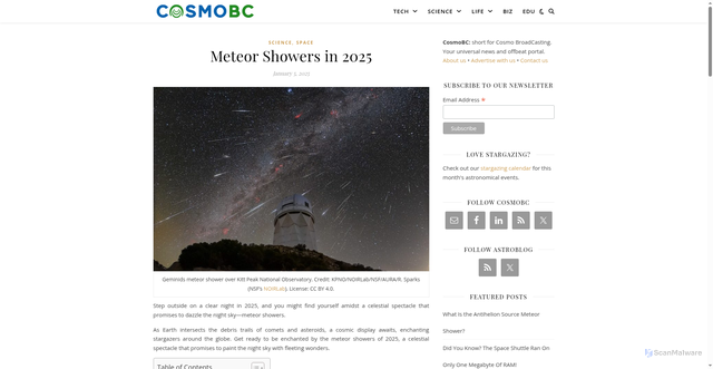 Security scan screenshot of https://astroblog.cosmobc.com/meteor-showers/