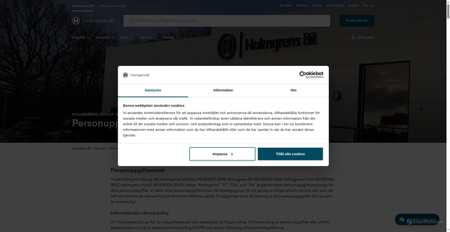 Security scan screenshot of https://www.holmgrensbil.se/om-oss/personuppgiftspolicy?utm_source=crm&utm_medium=email&utm_campaign=outlook-policy