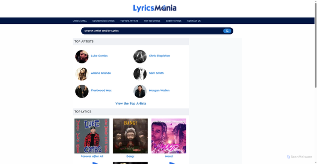 Security scan screenshot of https://www.lyricsmania.com