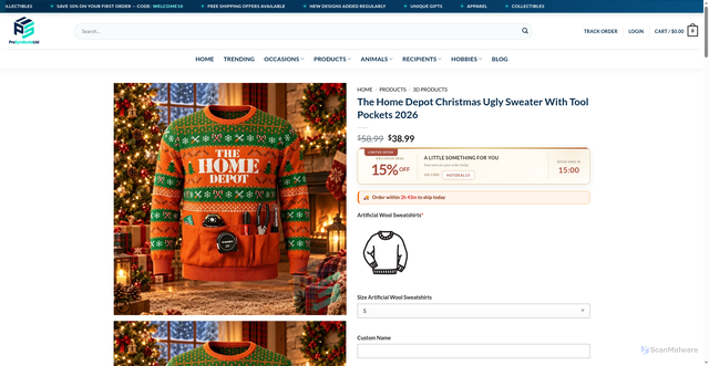 Security scan screenshot of https://prosyndicateltd.com/product/the-home-depot-christmas-ugly-sweater-with-tool-pockets-2026/