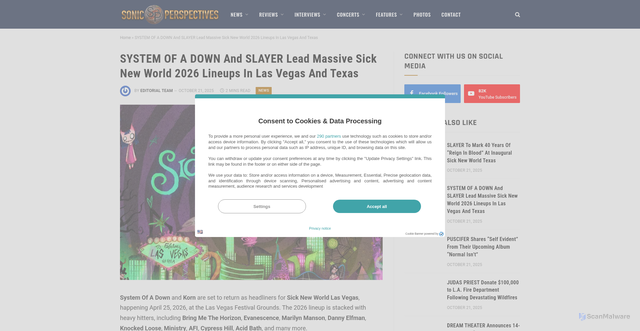 Security scan screenshot of https://www.sonicperspectives.com/news/system-of-a-down-and-slayer-lead-massive-sick-new-world-2026-lineups-in-las-vegas-and-texas/