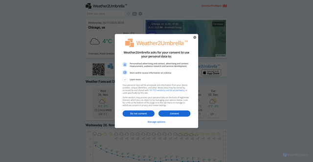 Security scan screenshot of https://www.weather2umbrella.com/vremenska-prognoza-chicago-illinois-united-states-sr/trenutno