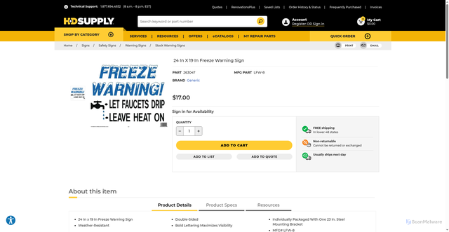 Security scan screenshot of https://hdsupplysolutions.com/p/24-in-x-19-in-freeze-warning-sign-p263047