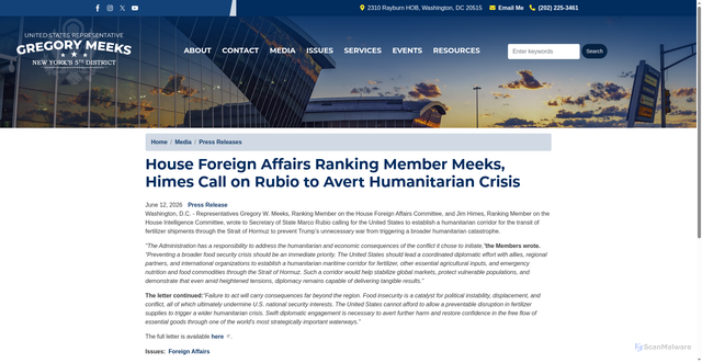 Security scan screenshot of https://meeks.house.gov/media/press-releases/house-foreign-affairs-ranking-member-meeks-himes-call-rubio-avert-humanitarian