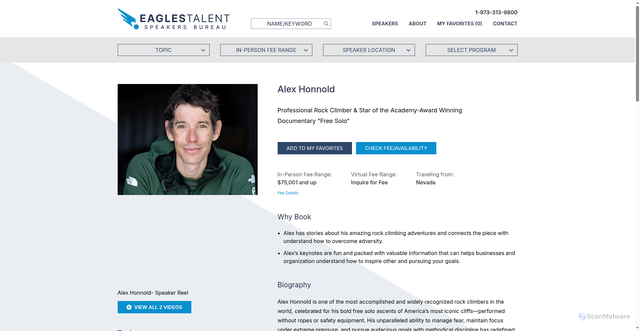 Security scan screenshot of https://www.eaglestalent.com/alex-honnold/