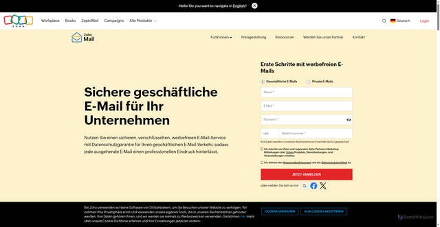Security scan screenshot of http://zoho-mail-hbsnnkrxotwpciciiewgbkuu.pages.dev/