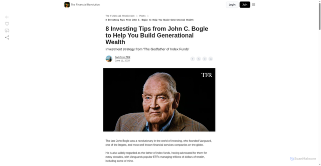 Security scan screenshot of https://thefinancialrevolution.co/p/john-bogle-investing-tips