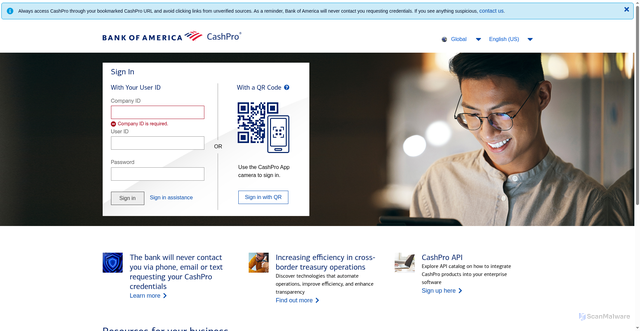 Security scan screenshot of https://cashproonline.bankofamerica.com