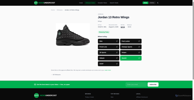 Security scan screenshot of https://kicksundercost.com/releases/jordan-13-retro-wings