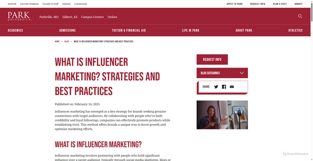 Security scan screenshot of https://www.park.edu/blog/what-is-influencer-marketing-strategies-and-best-practices/