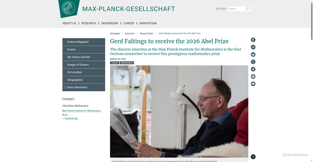 Security scan screenshot of https://www.mpg.de/26279645/gerd-faltings-honoured-with-the-2026-abel-prize