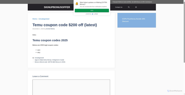 Security scan screenshot of https://signupbonusoffer.com/temu-coupon-code-200-off