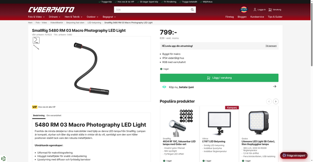 Security scan screenshot of https://www.cyberphoto.se/foto-video/videotillbehor/belysning-fast-sken/led-belysning/smallrig-5480-rm-03-macro-photography-led-light