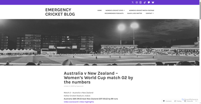 Security scan screenshot of https://emergencycricketblog.wordpress.com/2025/10/02/australia-v-new-zealand-womens-world-cup-match-02-by-the-numbers/