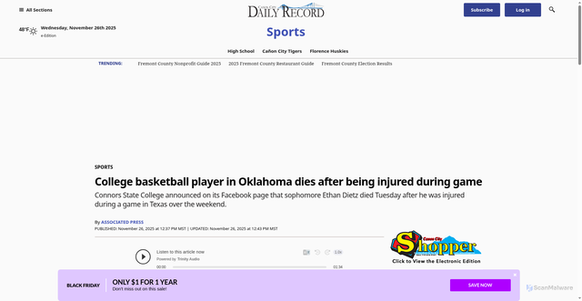 Security scan screenshot of https://www.canoncitydailyrecord.com/2025/11/26/college-basketball-player-in-oklahoma-dies-after-being-injured-during-game/