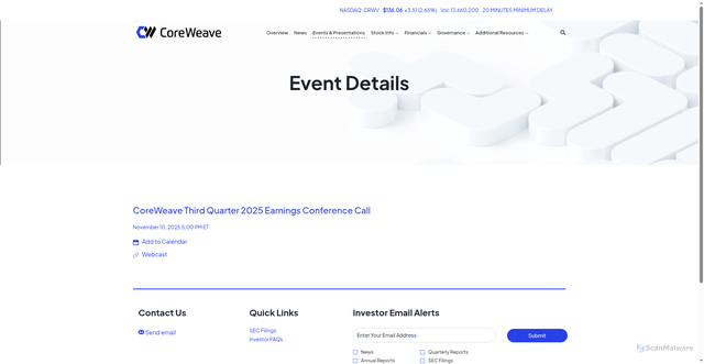 Security scan screenshot of https://investors.coreweave.com/events-and-presentations/event-details/2025/CoreWeave-Third-Quarter-2025-Earnings-Conference-Call-2025-CIWcxlL9UX/default.aspx