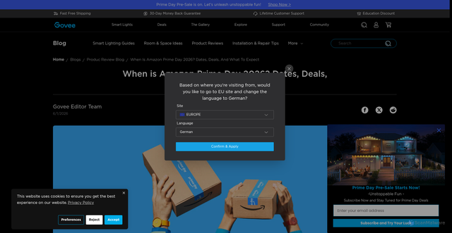 Security scan screenshot of https://us.govee.com/blogs/product-review-blog/when-is-prime-day-2026?srsltid=AfmBOor7MjU_6ZCQflsYd6W5Qrr-ClyppN5bWCZYFjH4R2-mLQGbuEm0