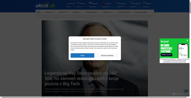 Security scan screenshot of https://akcie.sk/ray-dalio-vsadza-na-sp-500-redukuje-pozicie-v-big-tech/