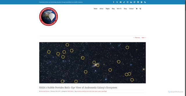 Security scan screenshot of https://overlookhorizon.com/nasas-hubble-provides-birds-eye-view-of-andromeda-galaxys-ecosystem/