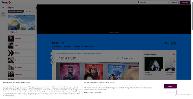 Security scan screenshot of https://music.fandom.com/wiki/Charlie_Puth