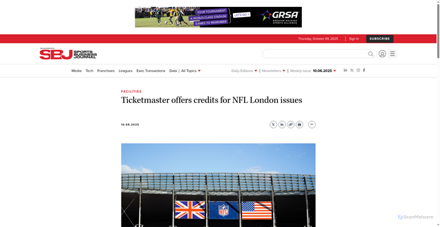 Security scan screenshot of https://www.sportsbusinessjournal.com/Articles/2025/10/08/ticketmaster-offers-credits-for-nfl-london-issues/
