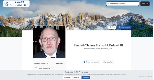 Security scan screenshot of https://amatacremation.mykeeper.com/KennethMcfarland2
