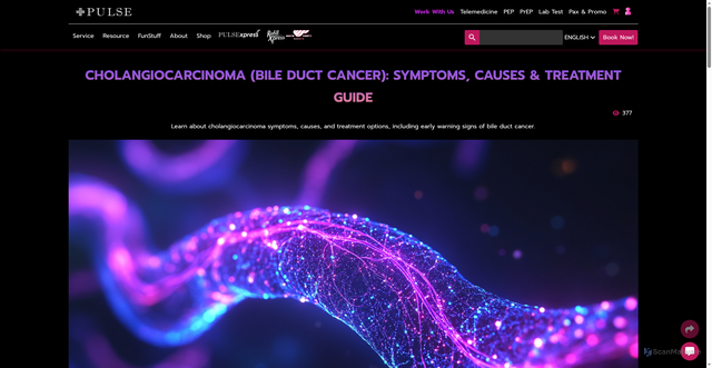 Security scan screenshot of https://www.pulse-clinic.com/cholangiocarcinoma-bile-duct-cancer-symptoms-causes-treatment-guide