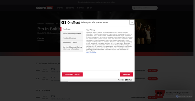Security scan screenshot of https://www.scorebig.com/performers/bts-70222/venues/baltimore-mandt-bank-stadium-352