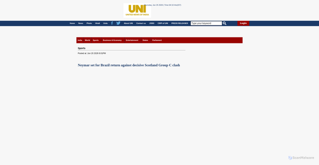 Security scan screenshot of https://test.uniindia.com/neymar-set-for-brazil-return-against-decisive-scotland-group-c-clash/sports/news/3883261.html