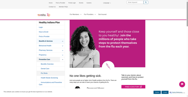 Security scan screenshot of https://www.mhsindiana.com/members/hip/health-services/preventive-care/flu-shots.html