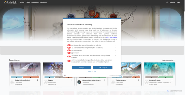 Security scan screenshot of https://websockets.archidekt.com