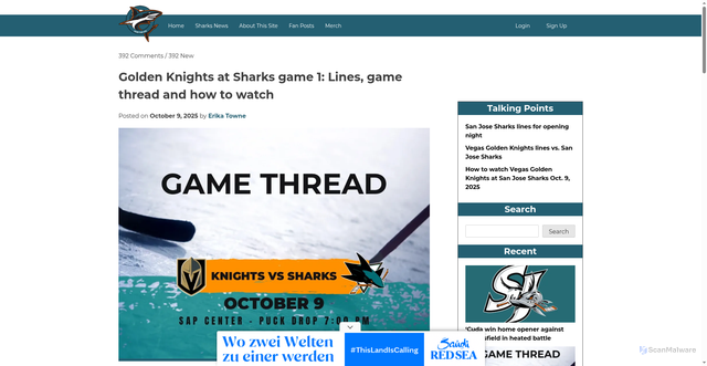 Security scan screenshot of https://www.fearthefin.com/golden-knights-at-sharks-game-1-lines-game-thread-and-how-to-watch-2/