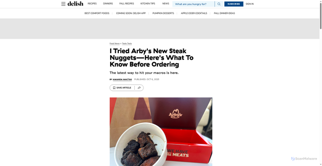Security scan screenshot of https://www.delish.com/food-news/a68853506/arbys-steak-nuggets-review/