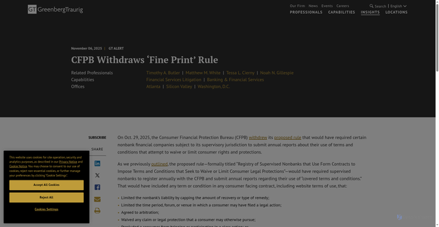 Security scan screenshot of https://www.gtlaw.com/en/insights/2025/11/cfpb-withdraws-fine-print-rule