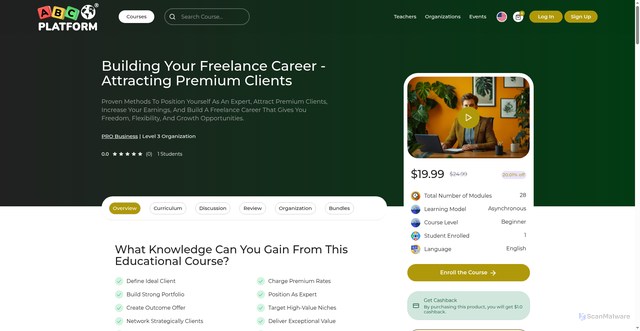 Security scan screenshot of https://abcplatform.com/courses/Business/Project-Management/Course-Details/C293D/ABC630OR/Building-Your-Freelance-Career---Attracting-Premium-Clients